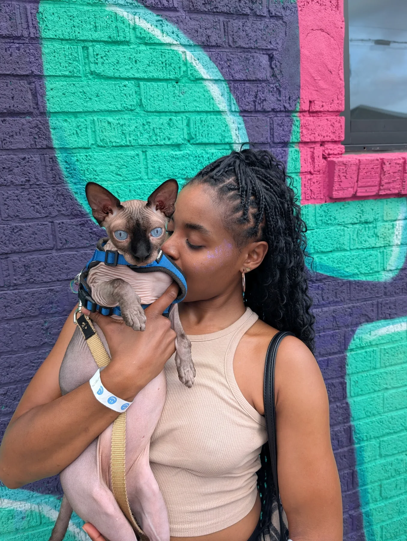 An adult holding Harry close beside a turquoise and pink painted brick wall