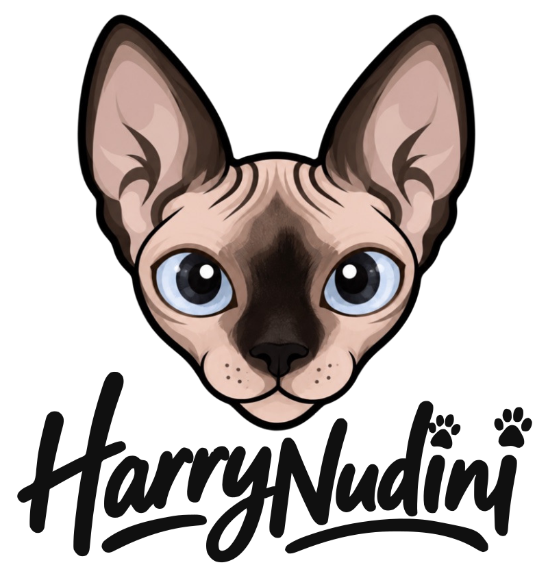 Harry Nudini logo with his original illustrated blue-eyed Sphynx face